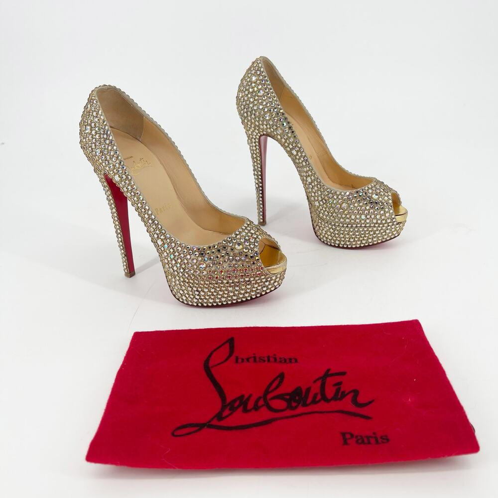 Christian Louboutin Gold Lady Peep 150 Ring Strass Platform Peep Toe Heels EU 37 - Picture 2 of 12